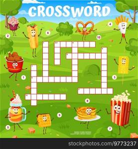 Crossword quiz game grid, cartoon fast food and desserts characters vector worksheet. Word puzzle with fastfood personages of cute chicken leg bucket, burrito, cupcake and popcorn, waffle, cocktail. Crossword quiz game grid with fast food characters