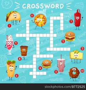 Crossword quiz game grid. Cartoon fast food characters. Child wordsearch vocabulary game or crossword vector worksheet with taco, pizza and hamburger, burrito, soda and donut, coffee funny personage. Crossword quiz grid with funny fast food character