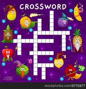 Crossword quiz game grid. Cartoon fruit mage and wizard characters. Kids wordsearch quiz, crossword puzzle vector worksheet with funny mango, kiwi and orange, apple, watermelon, lemon and pineapple. Crossword quiz game grid with funny fruit wizards
