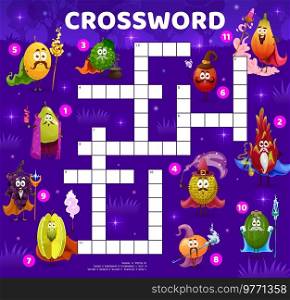 Crossword quiz game grid. Cartoon fruit mage, wizard and magician characters. Kids vocabulary game, crossword vector worksheet with melon, bergamot and quince, starfruit, kiwi and dragon fruit, durian. Crossword quiz with cartoon fruit wizard character