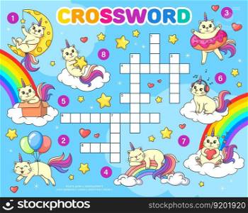 Crossword quiz game grid. Cartoon funny caticorn cats on rainbow. Vector cross word puzzle worksheet for kids with funny unicorn kittens with moon, balloons, donut and box. Heart, headphones, or stars. Crossword quiz game grid, cartoon funny caticorn