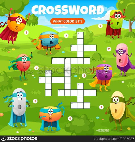 Crossword quiz game grid. Cartoon superhero micronutrient vitamin characters on meadow. Word search riddle, crossword grid vector worksheet with C, B, E and U, D, N micronutrient cute hero personages. Crossword game grid with hero vitamin characters