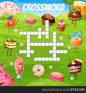 Crossword quiz game grid, cartoon sweets, desserts and cake characters on green meadow, vector worksheet. Donut, cupcake and cheesecake with macaroon or pudding and cake to guess word on crossword. Crossword quiz game grid, cartoon sweets, desserts