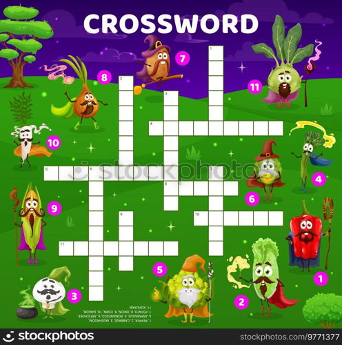 Crossword quiz game grid. Cartoon vegetable wizard, mage and magician characters. Kids crossword game, word search quiz vector worksheet with cute onion, radish and potato, bean, corn and artichoke. Crossword quiz game grid with vegetable wizards