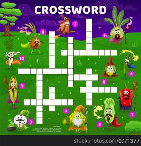 Crossword quiz game grid. Cartoon vegetable wizard, mage and magician characters. Kids crossword game, word search quiz vector worksheet with cute onion, radish and potato, bean, corn and artichoke. Crossword quiz game grid with vegetable wizards