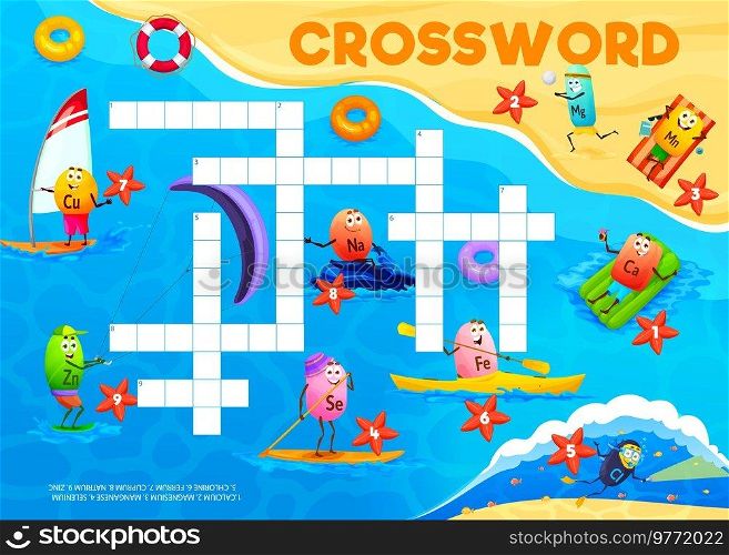 Crossword quiz game grid, cartoon vitamin and mineral characters on beach vacation, vector worksheet. Kids crossword game with selenium on paddle board, iron pill on kayak and natrium or water scooter. Crossword quiz game grid, cartoon vitamin on beach