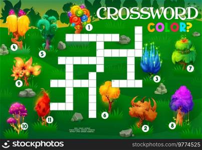 Crossword quiz game grid, find a color of magic tree vector worksheet. Find word puzzle, riddle or maze quiz of cartoon fairy tale forest with yellow, orange, red and pink trees, green, rainbow plants. Crossword quiz game grid, find color of magic tree