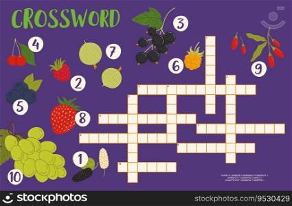Crossword quiz game grid. Forest and garden ripe berries. Vector game worksheet with mulberry, raspberry, black currant and cherry. Blueberry, cloudberry, gooseberry, strawberry, barberry and grapes. Crossword quiz game grid forest and garden berries