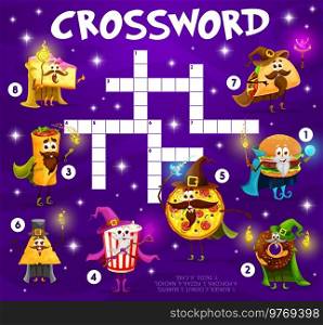 Crossword quiz game grid, Halloween fast food cartoon wizard and mage characters, vector worksheet. Kids crossword with pizza wizard, donut warlock sorcerer and taco as Halloween witch with magic wand. Crossword quiz game, Halloween fast food wizards