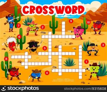 Crossword quiz game grid. Western cartoon berry cowboy, sheriff, ranger and bandit characters. Crossword vector worksheet with strawberry, honeyberry, rosehip and blueberry, cowberry funny personages. Crossword quiz game with berry cowboy character
