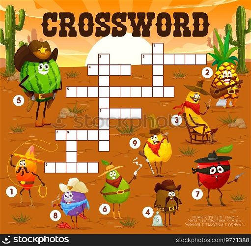 Crossword quiz game of cartoon fruit cowboy, ranger, sheriff and robber characters crossword grid. Vector quiz worksheet with Wild West western mango, apple, banana, lemon and pineapple personages. Crossword quiz game of cartoon fruit cowboys