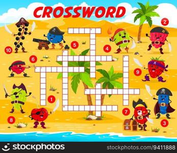 Crossword quiz game with berry pirates and corsairs characters. Vector word puzzle worksheet, kids grid with bird cherry, blueberry, gooseberry and grape. Cranberry, raspberry or strawberry buccaneers. Crossword quiz game with berry pirates characters