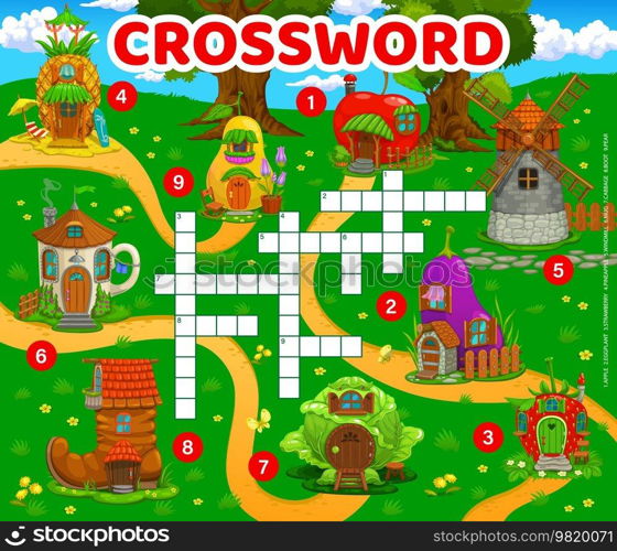 Crossword quiz grid, cartoon fairytale house buildings. Vector cross word puzzle game worksheet with fantasy dwellings apple, eggplant, boot or windmill, cup, strawberry, pear cabbage and pineapple. Crossword quiz cartoon fairytale house buildings