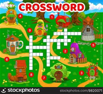 Crossword quiz grid, cartoon fairytale house buildings. Vector cross word puzzle game worksheet with fantasy dwellings apple, eggplant, boot or windmill, cup, strawberry, pear cabbage and pineapple. Crossword quiz cartoon fairytale house buildings