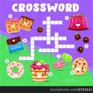Crossword quiz grid. Cartoon sweets and dessert characters. Kids wordsearch game, crossword vector worksheet with funny waffle, chocolate bar and donut, cheesecake, maracon and cookie, jelly pudding. Cartoon dessert characters crossword quiz grid