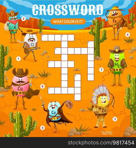 Crossword quiz grid. Wild West cartoon cowboy, sheriff and indian vitamin characters. Child word search riddle, vocabulary game vector worksheet with Cl, Fe, Mg and Cu, Ca, Zn micronutrient personages. Crossword quiz grid, cartoon cowboy vitamins