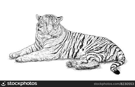 Crouching tiger sketch black on white vector illustration