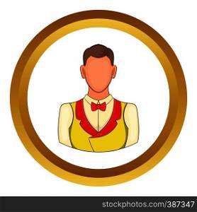 Croupier vector icon in golden circle, cartoon style isolated on white background. Croupier vector icon