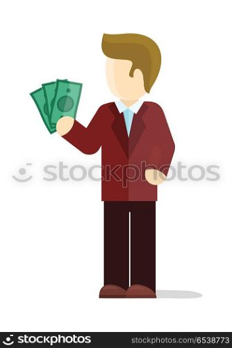 Croupier vector illustration. Flat design. Man character in red suit standing with dollar bills in hand. Winning at casino. Good stake in gambling. Lucky gambler. For gambling services ad. On white . Croupier Vector Illustration in Flat Design. Croupier Vector Illustration in Flat Design