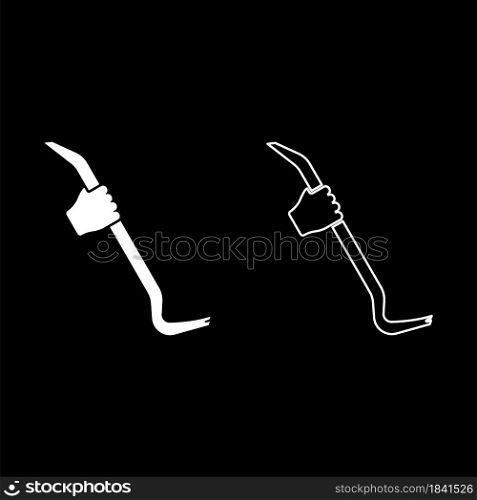 Crowbar in hand holding tool use Arm using Multifunctional utility bar icon white color vector illustration flat style simple image set. Crowbar in hand holding tool use Arm using Multifunctional utility bar icon white color vector illustration flat style image set