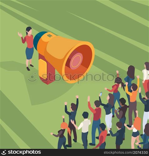 Crowd announcement. Business talk promoter or politicians speak to customers about marketing announce persons scream in loudspeaker vector isometric. Illustration loudspeaker communication with people. Crowd announcement. Business talk promoter or politicians speak to customers about marketing sales or announce persons scream in loudspeaker garish vector concept isometric