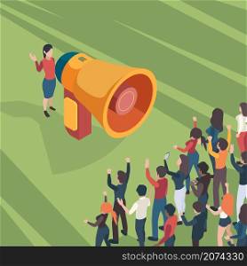 Crowd announcement. Business talk promoter or politicians speak to customers about marketing announce persons scream in loudspeaker vector isometric. Illustration loudspeaker communication with people. Crowd announcement. Business talk promoter or politicians speak to customers about marketing sales or announce persons scream in loudspeaker garish vector concept isometric