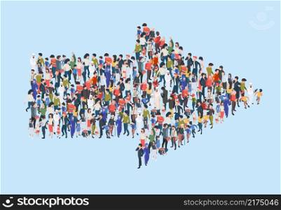 Crowd arrow. Success people walking in direction arrow shapes large growing group of persons garish vector marketing concept isometric illustration. Crowd direction, people follow to arrow. Crowd arrow. Success people walking in direction arrow shapes large growing group of persons garish vector marketing concept isometric illustration