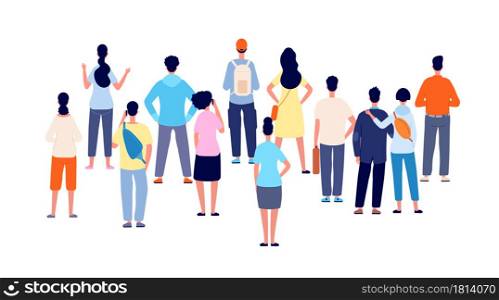 Crowd back view. Cartoon persons, people group standing backs. Flat public young man woman meeting, office business audience vector concept. Illustration crowd people woman and man watching ahead. Crowd back view. Cartoon persons, people group standing backs. Flat public young man woman meeting, office business audience vector concept