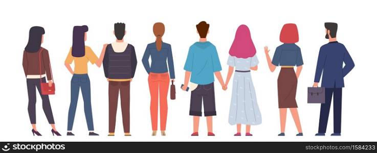 Crowd back view. Group men and women standing in different poses of back view, couple people hugging and holding hands, male and female persons from back side with bags flat vector isolated concept. Crowd back view. Group men and women standing in different poses of back view, couple people hugging and holding hands, male and female persons from back side flat vector concept
