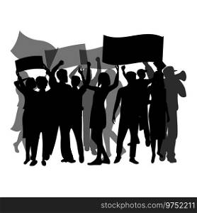 Crowd black silhouette isolated. Fans celebration cheerful, group crowd ch&ionship, equality strike and festival with flag. Vector illustration. Crowd black silhouette isolated. Fans celebration cheerful