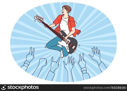 Crowd enjoying concert of male artist. Man performer playing guitar on stage for audience. Flat vector illustration.. Man artist playing guitar on stage