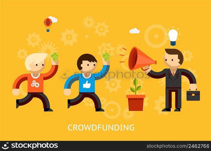 Crowd funding concept with a businessman with a bright idea advertising over a megaphone and people with money running to invest vector illustration