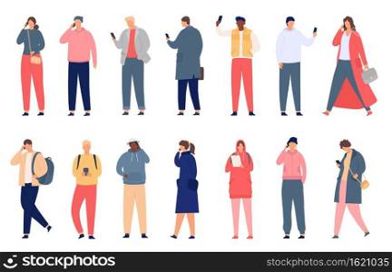 Crowd holding smartphone. Walking and standing people texting, checking social media and talking on phone. Modern flat characters vector set. Man and woman in casual outfit with gadgets. Crowd holding smartphone. Walking and standing people texting, checking social media and talking on phone. Modern flat characters vector set