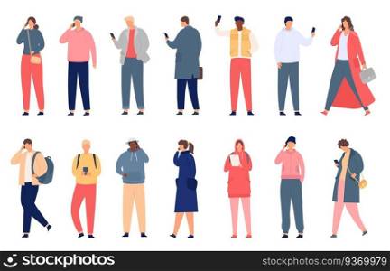 Crowd holding smartphone. Walking and standing people texting, checking social media and talking on phone. Modern flat characters vector set. Man and woman in casual outfit with gadgets. Crowd holding smartphone. Walking and standing people texting, checking social media and talking on phone. Modern flat characters vector set