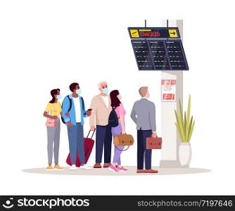 Crowd in airport terminal lobby semi flat RGB color vector illustration. Plane delayed. Flight cancelled. Airplane passengers in medical masks isolated cartoon characters on white background
