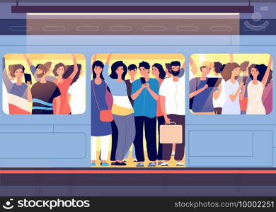 Crowd in subway train. People pushing each other in metro car at station at rush hour. City traveling transport problem vector concept. Crowd public train, transport van with people illustration. Crowd in subway train. People pushing each other in metro car at station at rush hour. City traveling transport problem vector concept