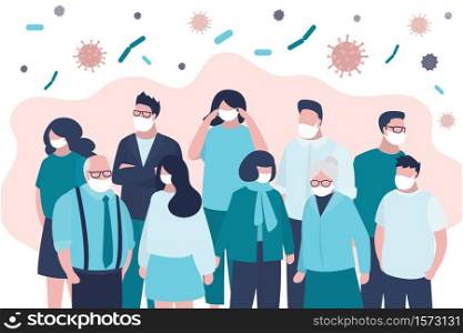 Crowd masked people. Human characters put on face protective masks. Protection from viral infection. Virus covid-19. Disease and Epidemic Spread. Trendy flat vector illustration