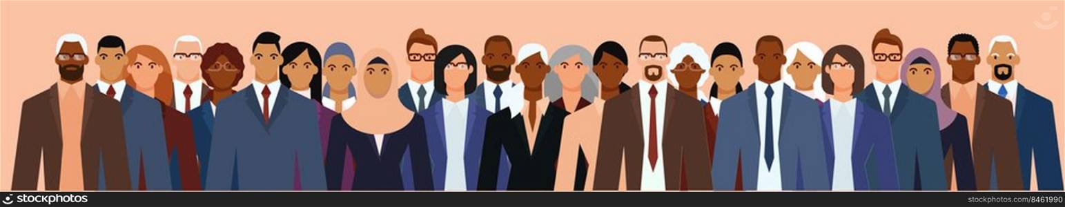 Crowd of businesspeople of diverse age and ethnicity in formal suits. Flat design vector illustration.. Crowd of businesspeople of diverse age and ethnicity in formal suits.