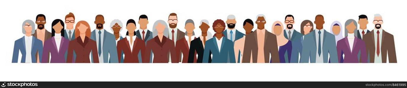Crowd of businesspeople of diverse age and ethnicity in formal suits. Flat design vector illustration.. Crowd of businesspeople of diverse age and ethnicity in formal suits.