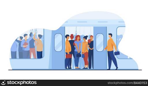 Crowd of commuters traveling by subway train. Metro passengers standing in overcrowding tube carriage. Vector illustration for public transport, commuting, rush hour concept