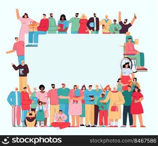 Crowd of different people standing together around blank banner. Community of multicultural people with different social statuses flat vector illustration. Population, society concept