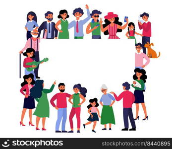 Crowd of different people standing together around blank banner. Diverse multicultural community presenting empty billboard. Flat illustration for diversity, population, society concepts