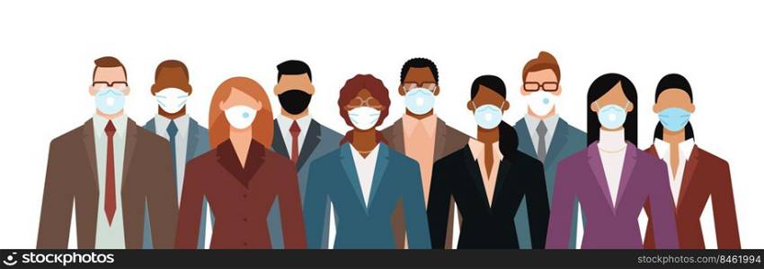 Crowd of diverse business people wearing face mask to protect themselves from the epidemic. Flat design vector illustration.. Crowd of diverse business people wearing face mask to protect themselves from the epidemic.