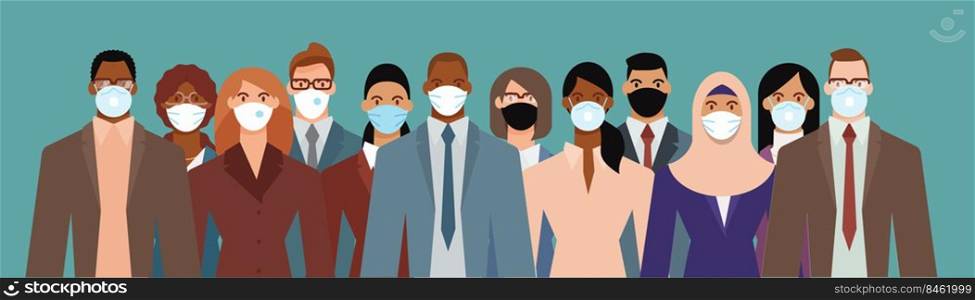 Crowd of diverse business people wearing face mask to protect themselves from the epidemic. Flat design vector illustration.. Crowd of diverse business people wearing face mask