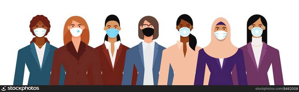Crowd of diverse business woman wearing face mask to protect themselves from the epidemic. Flat design vector illustration.. Crowd of diverse business woman wearing face mask