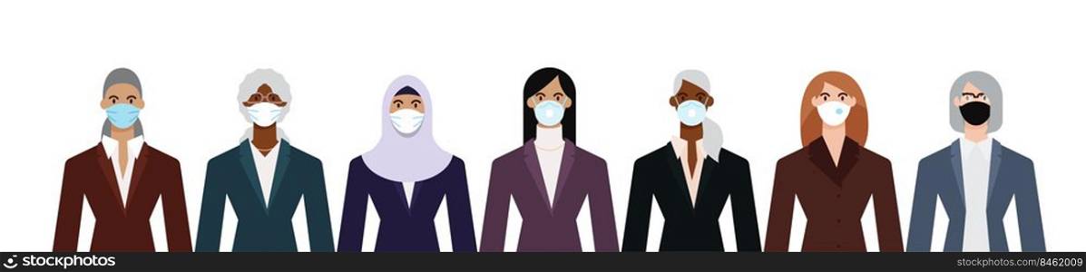 Crowd of diverse business woman wearing face mask to protect themselves from the epidemic. Flat design vector illustration.. Crowd of diverse business woman wearing face mask to protect themselves