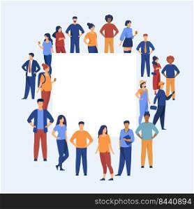 Crowd of diverse people standing together around empty banner. Blank poster, placard, copy space. Vector illustration for multicultural community, population, society concept