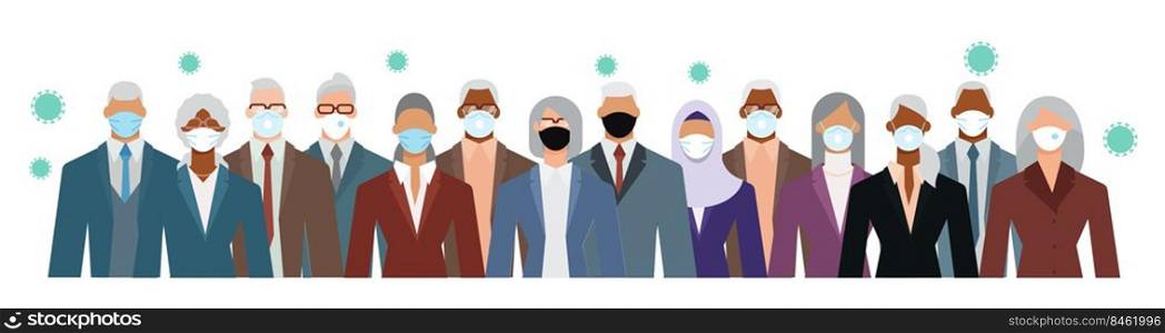 Crowd of diverse senior age business people wearing face mask to protect themselves from the epidemic. Flat design vector illustration.. Crowd of diverse senior age business people wearing face mask
