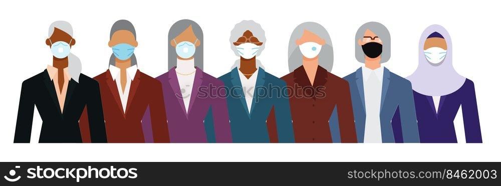 Crowd of diverse senior age business woman wearing face mask to protect themselves from the epidemic. Flat design vector illustration.. Crowd of diverse senior age business woman wearing