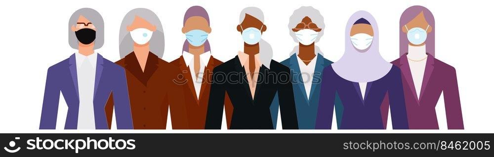 Crowd of diverse senior age business woman wearing face mask to protect themselves from the epidemic. Flat design vector illustration.. Crowd of diverse senior age business woman wearing face mask